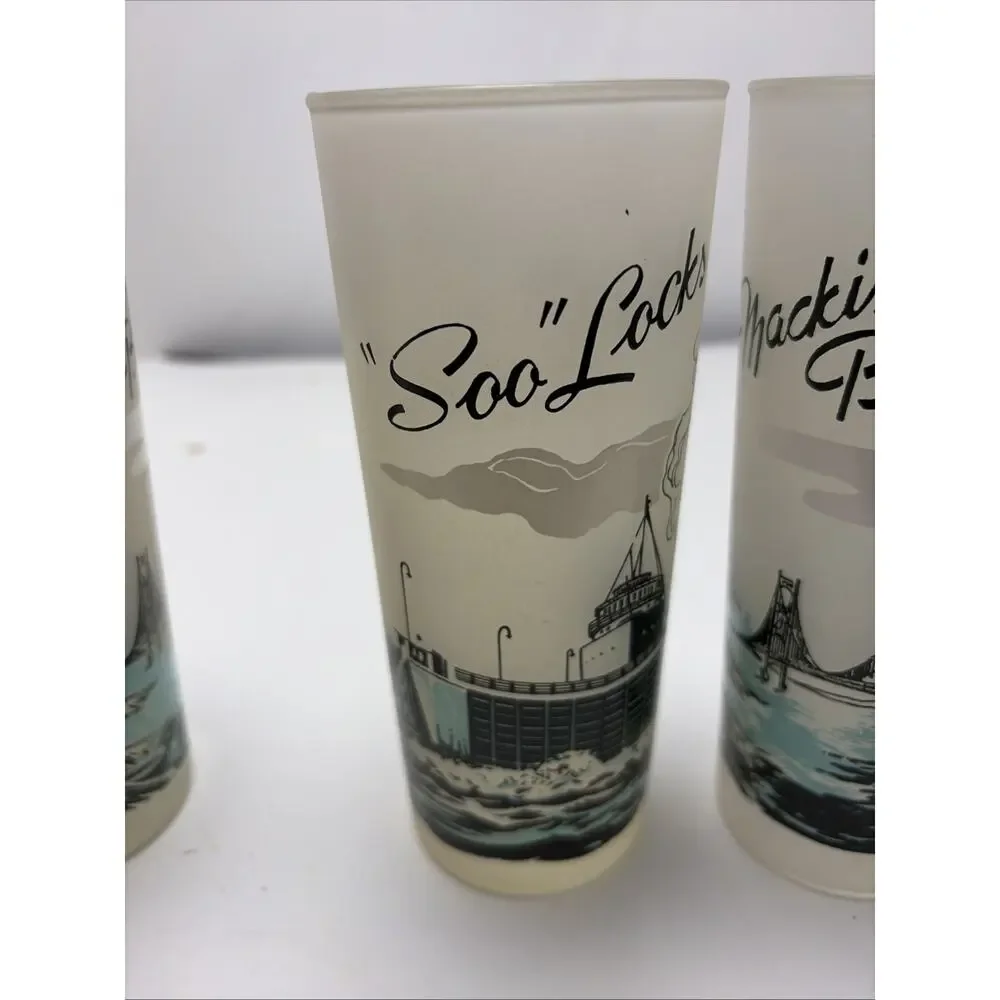 3 Vintage Michigan Souvenir Frosted Glasses Tumblers Mackinac Bridge UZ4